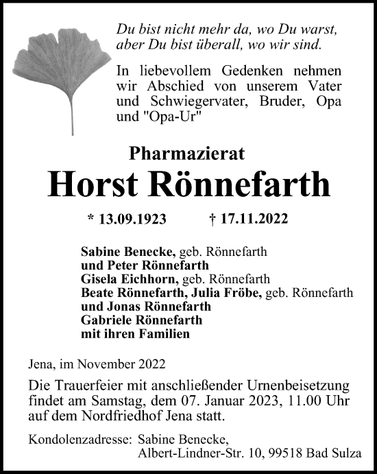 Traueranzeige von Horst Rönnefarth von Ostthüringer Zeitung, Thüringische Landeszeitung