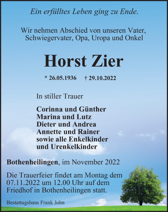 Traueranzeige von Horst Zier von Thüringer Allgemeine, Thüringische Landeszeitung