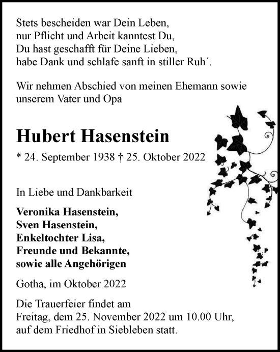 Traueranzeige von Hubert Hasenstein von Thüringer Allgemeine, Thüringische Landeszeitung