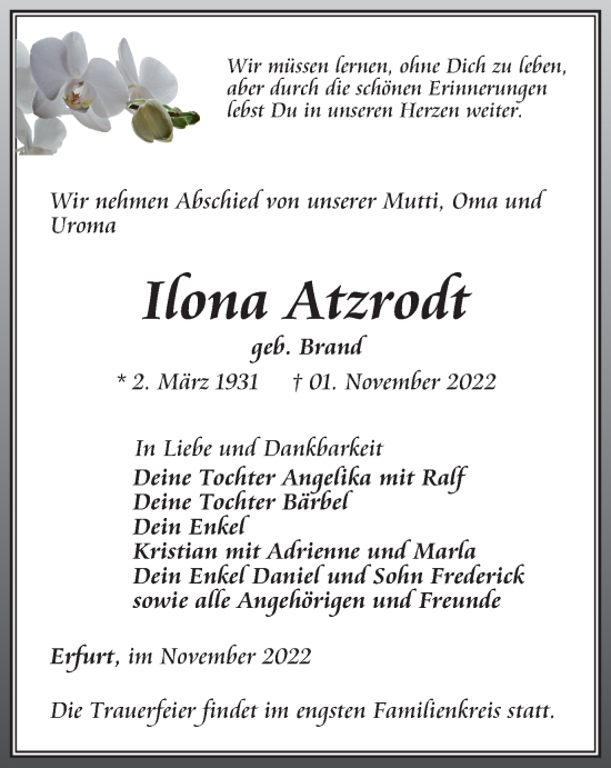 Traueranzeige von Ilona Atzrodt