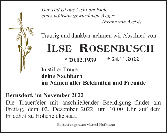 Traueranzeige von Ilse Rosenbusch von Ostthüringer Zeitung