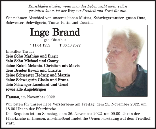 Traueranzeige von Inge Brand von Thüringer Allgemeine