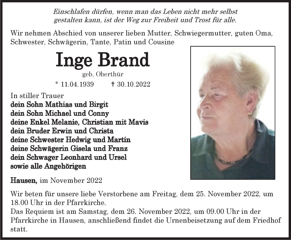  Traueranzeige für Inge Brand vom 23.11.2022 aus Thüringer Allgemeine