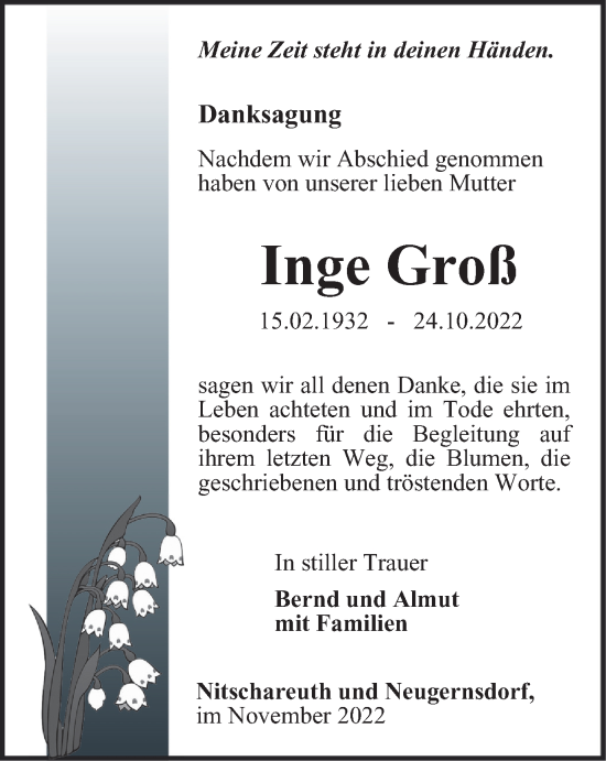 Traueranzeige von Inge Groß von Ostthüringer Zeitung