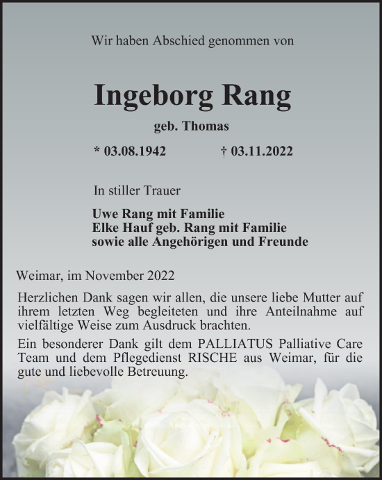 Traueranzeige von Ingeborg Rang von Thüringer Allgemeine, Thüringische Landeszeitung