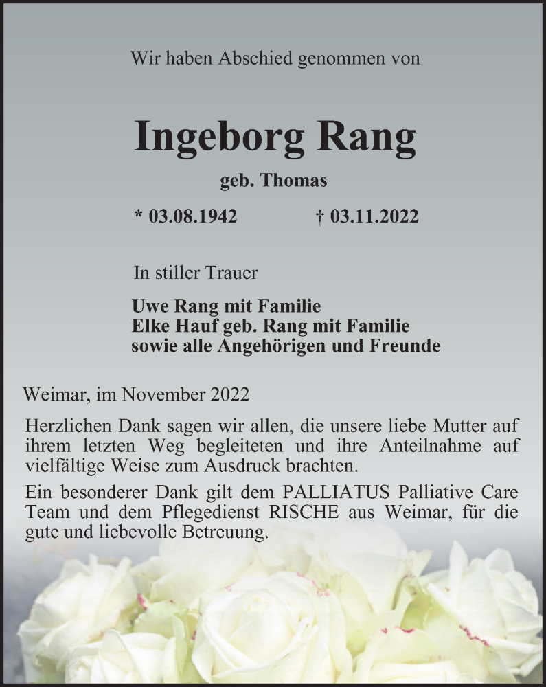  Traueranzeige für Ingeborg Rang vom 26.11.2022 aus Thüringer Allgemeine, Thüringische Landeszeitung
