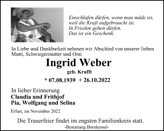 Traueranzeige von Ingrid Weber von Thüringer Allgemeine, Thüringische Landeszeitung