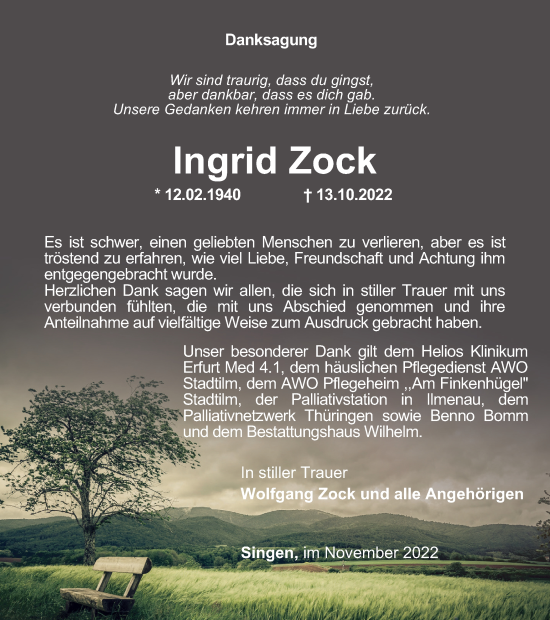 Traueranzeige von Ingrid Zock von Thüringer Allgemeine
