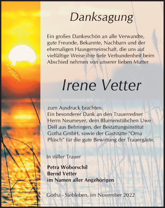 Traueranzeige von Irene Vetter von Thüringer Allgemeine, Thüringische Landeszeitung