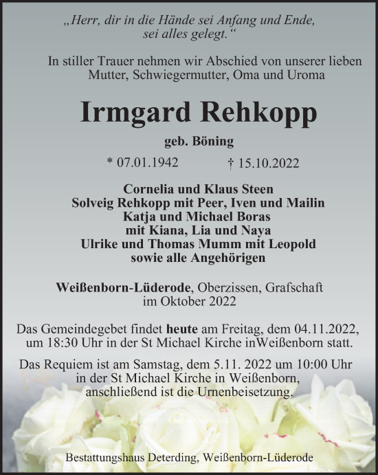 Traueranzeige von Irmgard Rehkopp von Thüringer Allgemeine