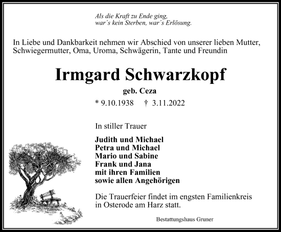 Traueranzeige von Irmgard Schwarzkopf von Thüringer Allgemeine, Thüringische Landeszeitung
