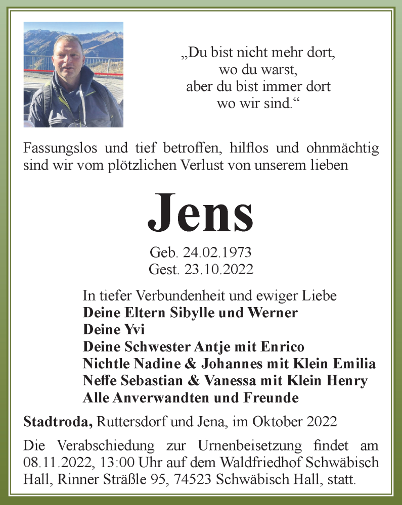  Traueranzeige für Jens  vom 04.11.2022 aus Ostthüringer Zeitung