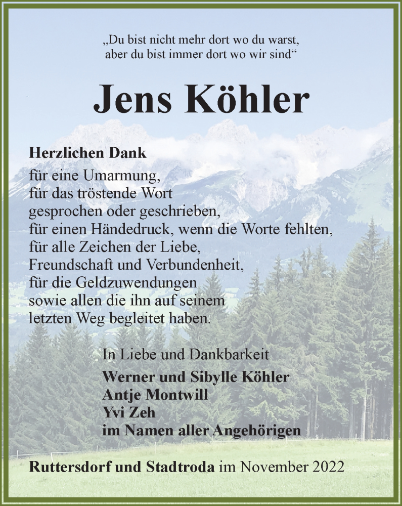  Traueranzeige für Jens Köhler vom 15.11.2022 aus Ostthüringer Zeitung