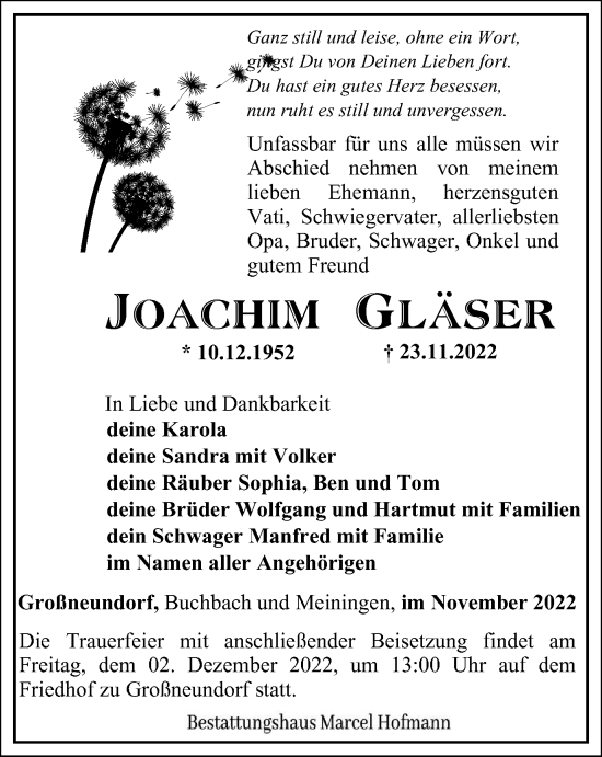 Traueranzeige von Joachim Gläser von Ostthüringer Zeitung