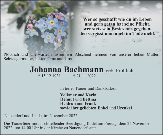 Traueranzeige von Johanna Bachmann von Ostthüringer Zeitung