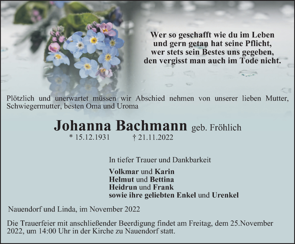 Traueranzeige für Johanna Bachmann vom 24.11.2022 aus Ostthüringer Zeitung