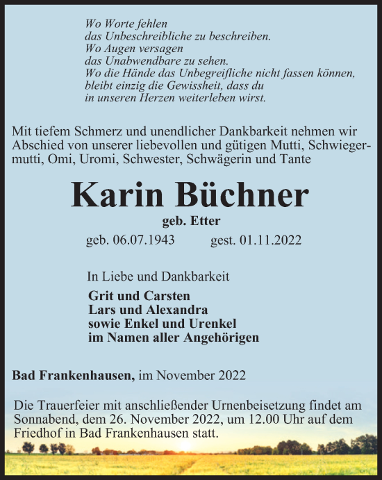 Traueranzeige von Karin Büchner von Thüringer Allgemeine