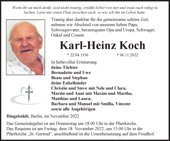 Traueranzeige von Karl-Heinz Koch von Thüringer Allgemeine