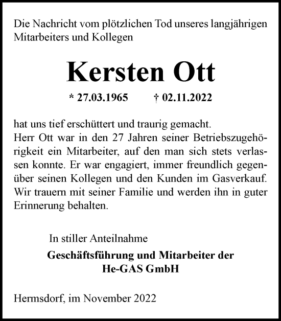 Traueranzeige von Kersten Ott von Ostthüringer Zeitung