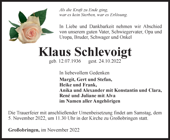Traueranzeige von Klaus Schlevoigt von Thüringer Allgemeine, Thüringische Landeszeitung