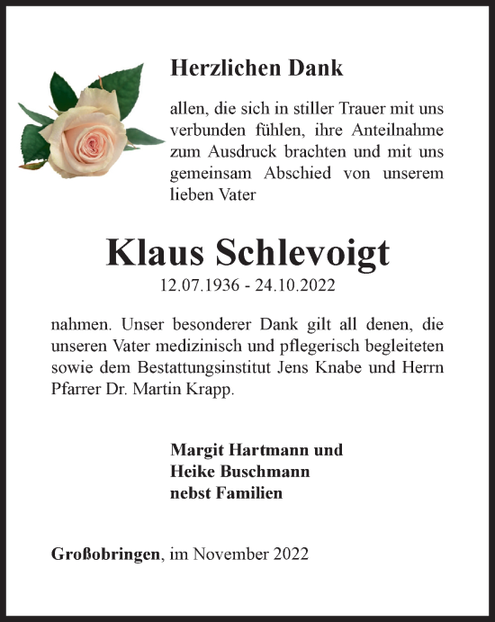 Traueranzeige von Klaus Schlevoigt von Thüringer Allgemeine, Thüringische Landeszeitung