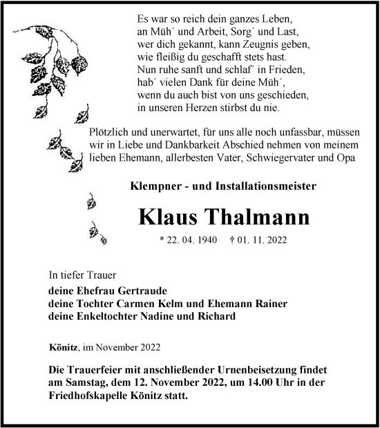 Traueranzeige von Klaus Thalmann von Ostthüringer Zeitung