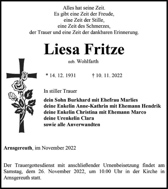 Traueranzeige von Liesa Fritze von Ostthüringer Zeitung