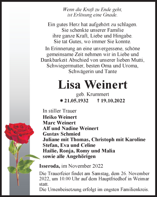 Traueranzeige von Lisa Weinert von Thüringer Allgemeine, Thüringische Landeszeitung