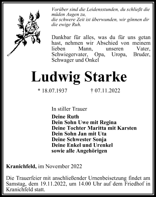 Traueranzeige von Ludwig Starke von Thüringer Allgemeine, Thüringische Landeszeitung