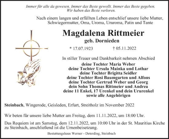 Traueranzeige von Magdalena Rittmeier von Thüringer Allgemeine