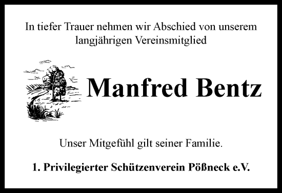 Traueranzeige von Manfred Bentz von Ostthüringer Zeitung