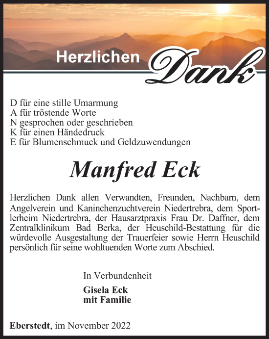 Traueranzeige von Manfred Eck von Thüringer Allgemeine, Thüringische Landeszeitung