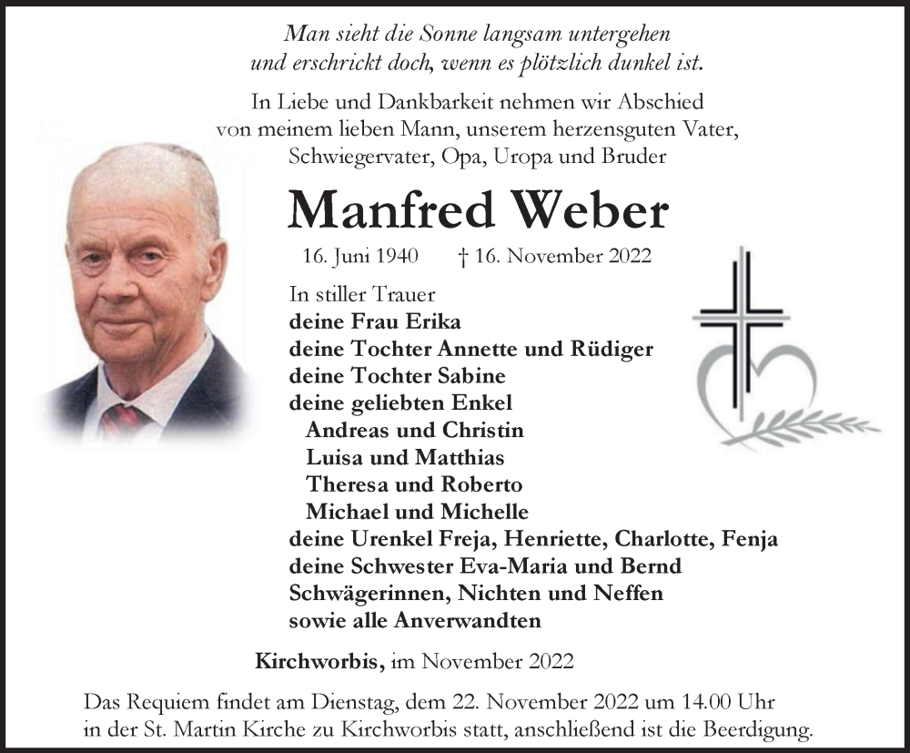  Traueranzeige für Manfred Weber vom 19.11.2022 aus Thüringer Allgemeine