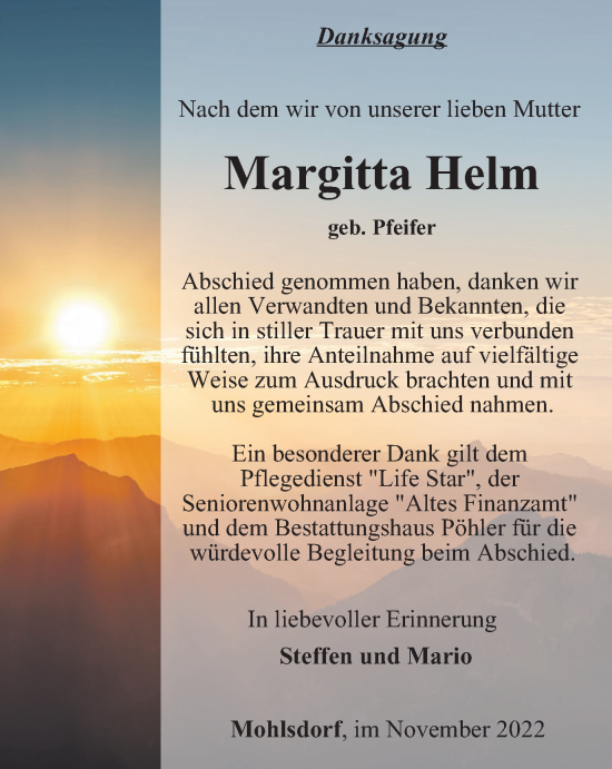 Traueranzeige von Margitta Helm von Ostthüringer Zeitung