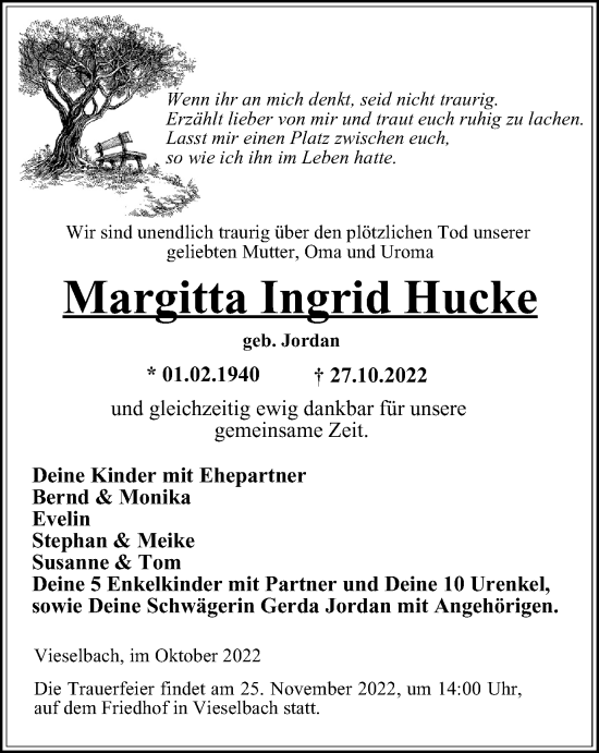 Traueranzeige von Margitta Ingrid Hucke von Thüringer Allgemeine, Thüringische Landeszeitung