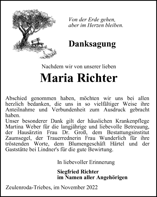 Traueranzeige von Maria Richter von Ostthüringer Zeitung