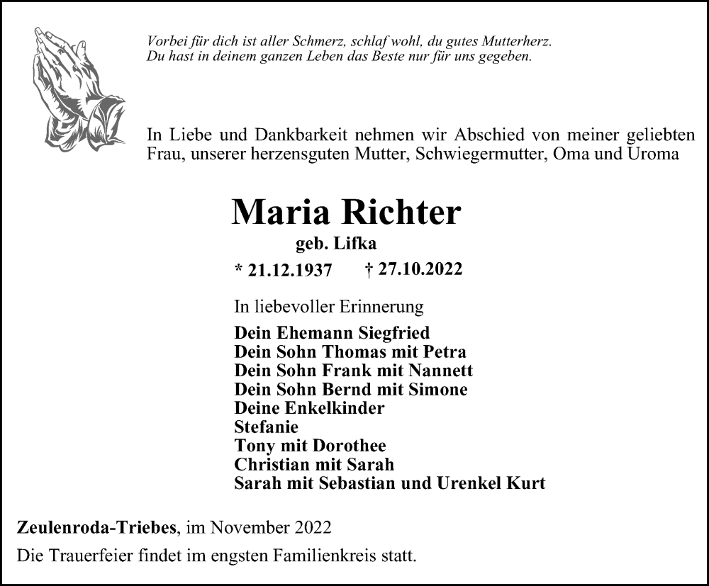  Traueranzeige für Maria Richter vom 05.11.2022 aus Ostthüringer Zeitung