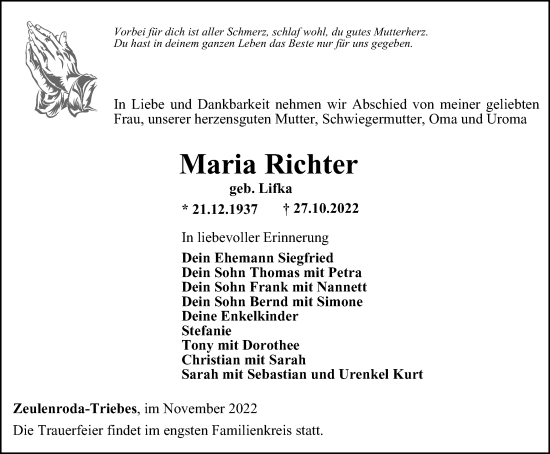 Traueranzeige von Maria Richter von Ostthüringer Zeitung