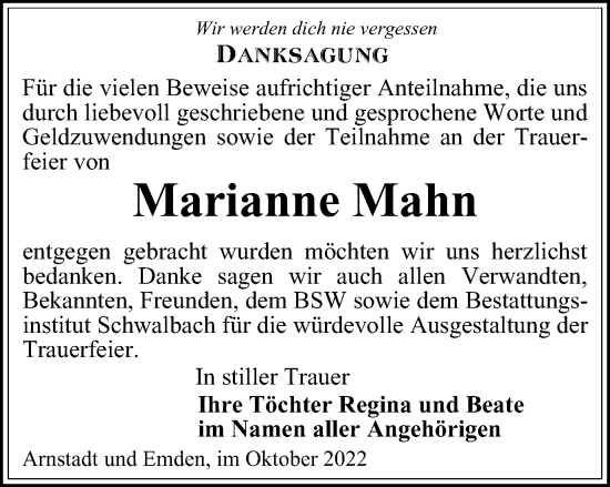 Traueranzeige von Marianne Mahn von Thüringer Allgemeine