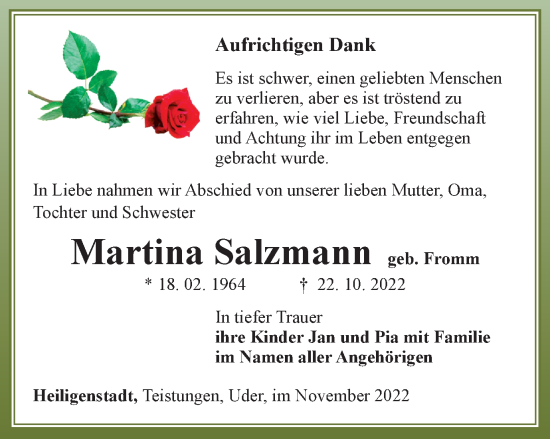 Traueranzeige von Martina Salzmann von Thüringer Allgemeine