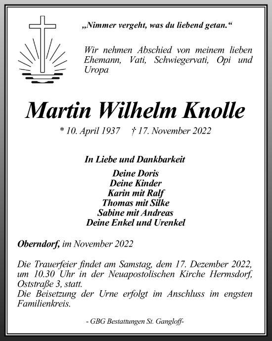 Traueranzeige von Martin Wilhelm Knolle von Ostthüringer Zeitung