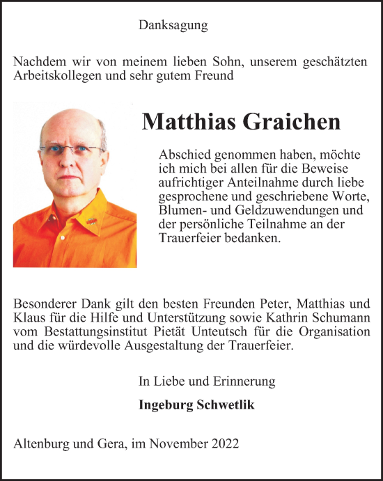 Traueranzeige von Matthias Graichen von Ostthüringer Zeitung