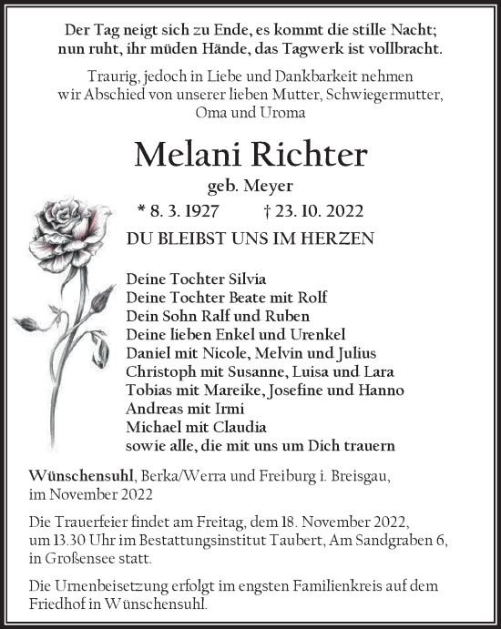 Traueranzeige von Melani Richter von Thüringer Allgemeine, Thüringische Landeszeitung