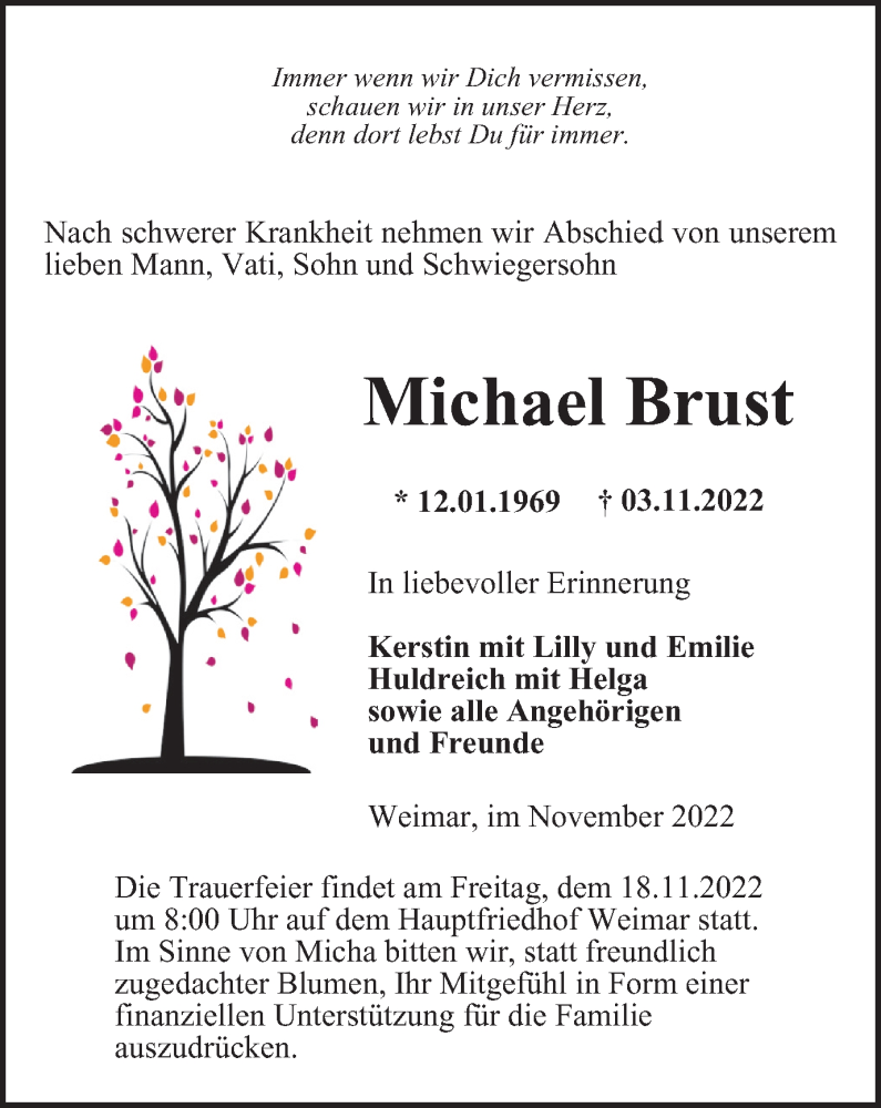  Traueranzeige für Michael Brust vom 12.11.2022 aus Thüringer Allgemeine, Thüringische Landeszeitung