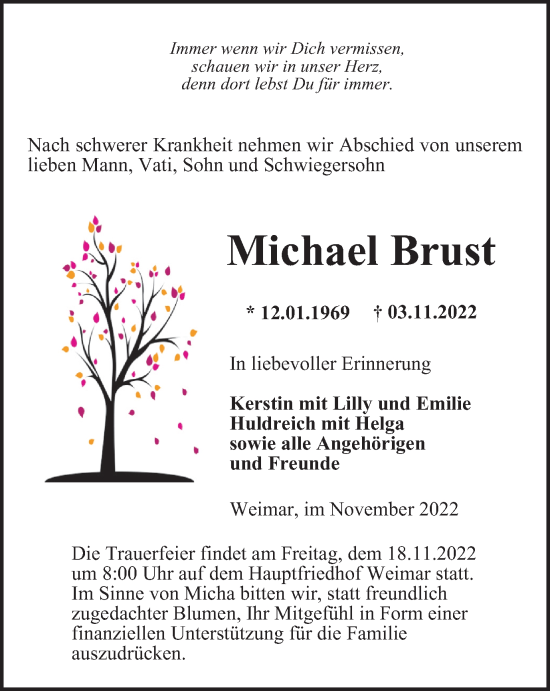 Traueranzeige von Michael Brust von Thüringer Allgemeine, Thüringische Landeszeitung