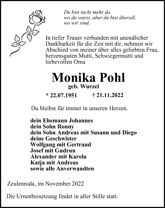 Traueranzeige von Monika Pohl von Ostthüringer Zeitung