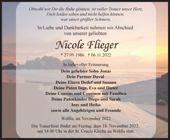 Traueranzeige von Nicole Flieger von Thüringer Allgemeine, Thüringische Landeszeitung