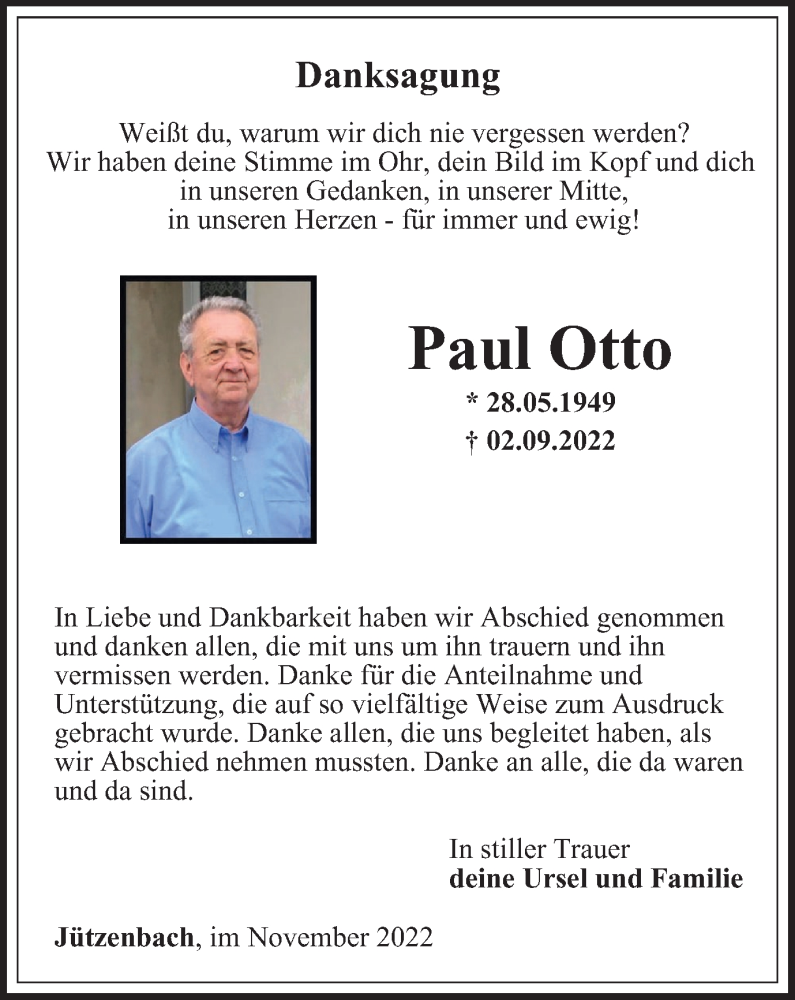  Traueranzeige für Paul Otto vom 19.11.2022 aus Thüringer Allgemeine