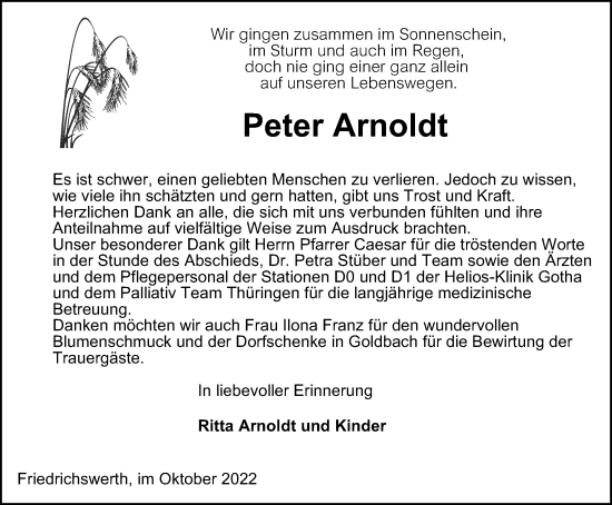 Traueranzeige von Peter Arnoldt von Thüringer Allgemeine, Thüringische Landeszeitung