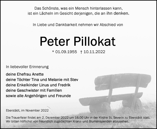 Traueranzeige von Peter Pillokat von Thüringer Allgemeine, Thüringische Landeszeitung